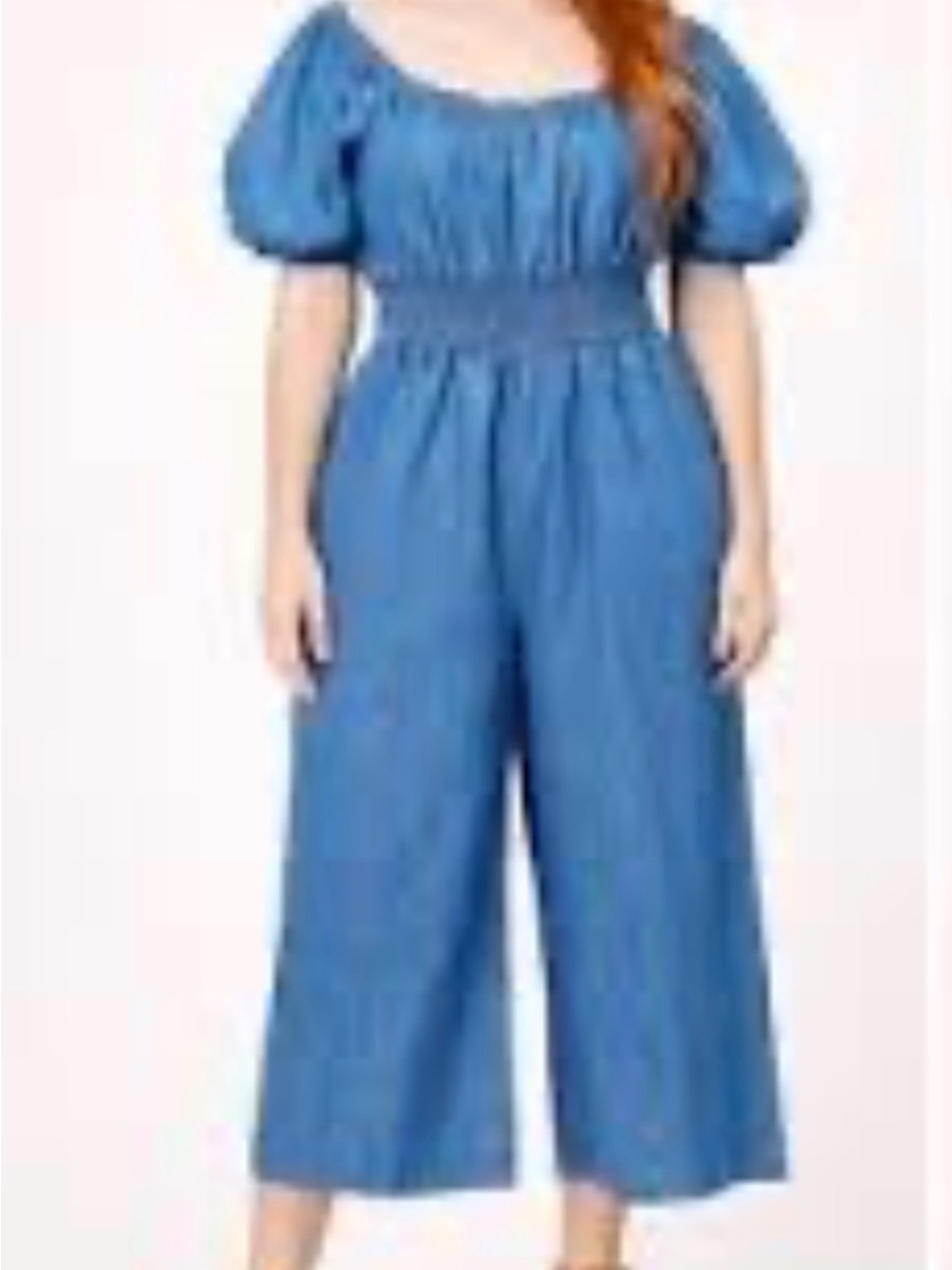 Blush Blue Puff-Sleeve Smocked Wide-Leg Jumpsuit Size:2X
